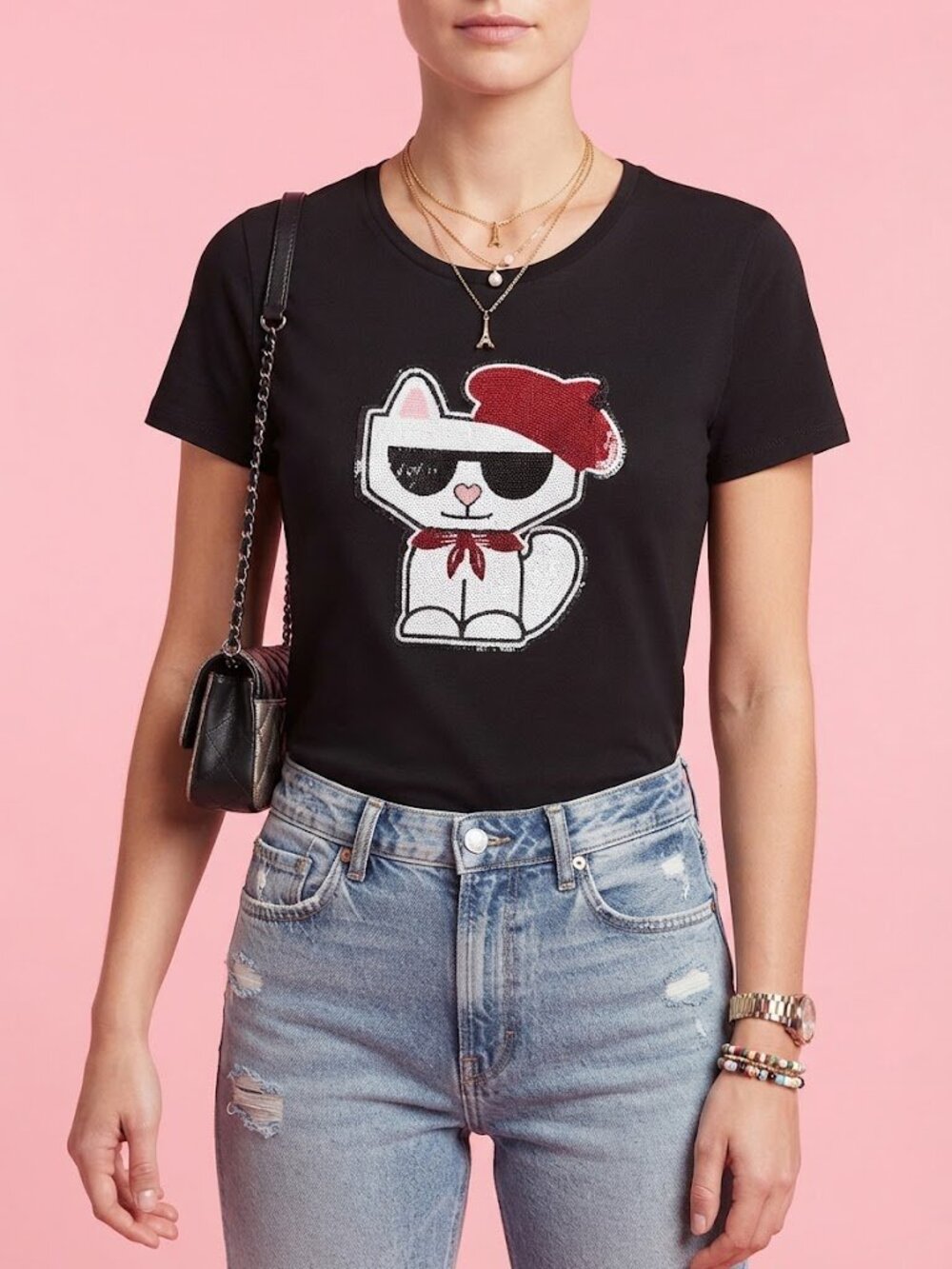 Karl Lagerfeld Black Sequin Red Baret Cat Graphic Short Sleeve Tee